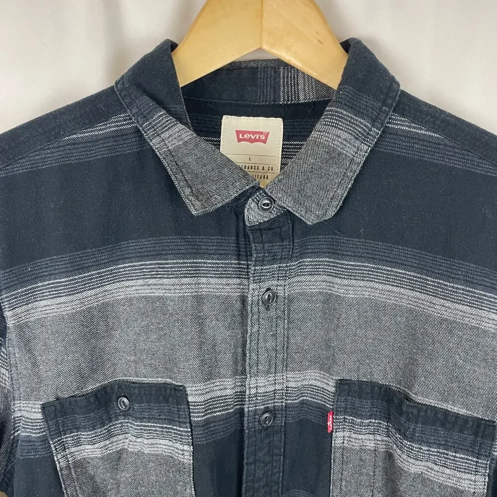 Levi's Flannel Button Up Shirt Black Stripes Long Sleeve Acres Men's Size L